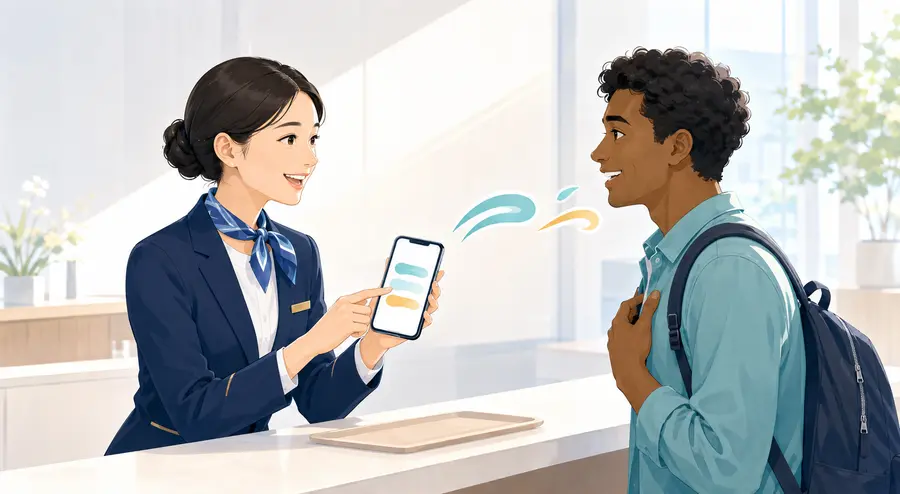 スタッフがスマートフォンの定型文を使って旅行者へ案内する様子