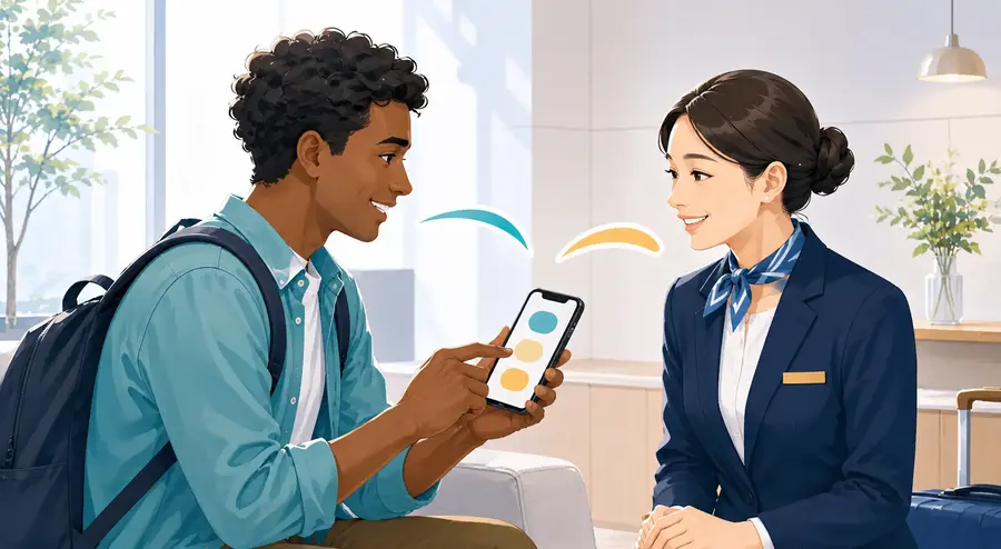 旅行者がスマートフォンで返事を選び、スタッフへ伝える様子
