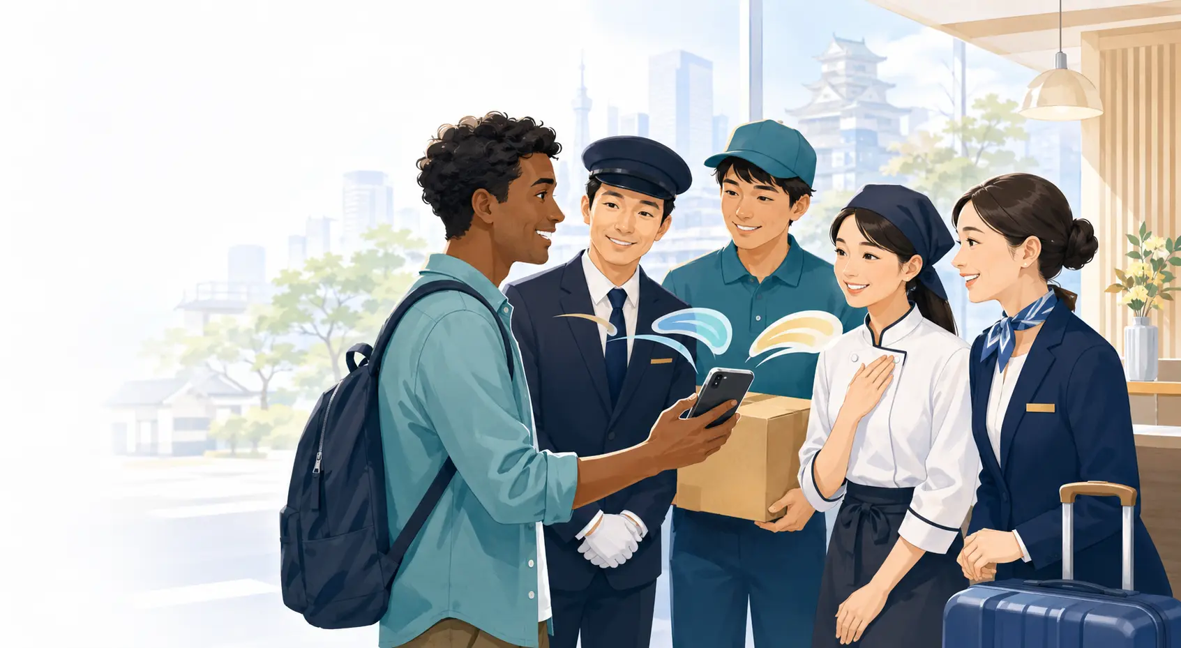 旅行者と日本の接客スタッフがスマートフォンで会話しているイラスト